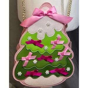 Betsey Johnson Pink Christmas Tree Crossbody Bag‎ Holiday Sparkle Bow Snowflake